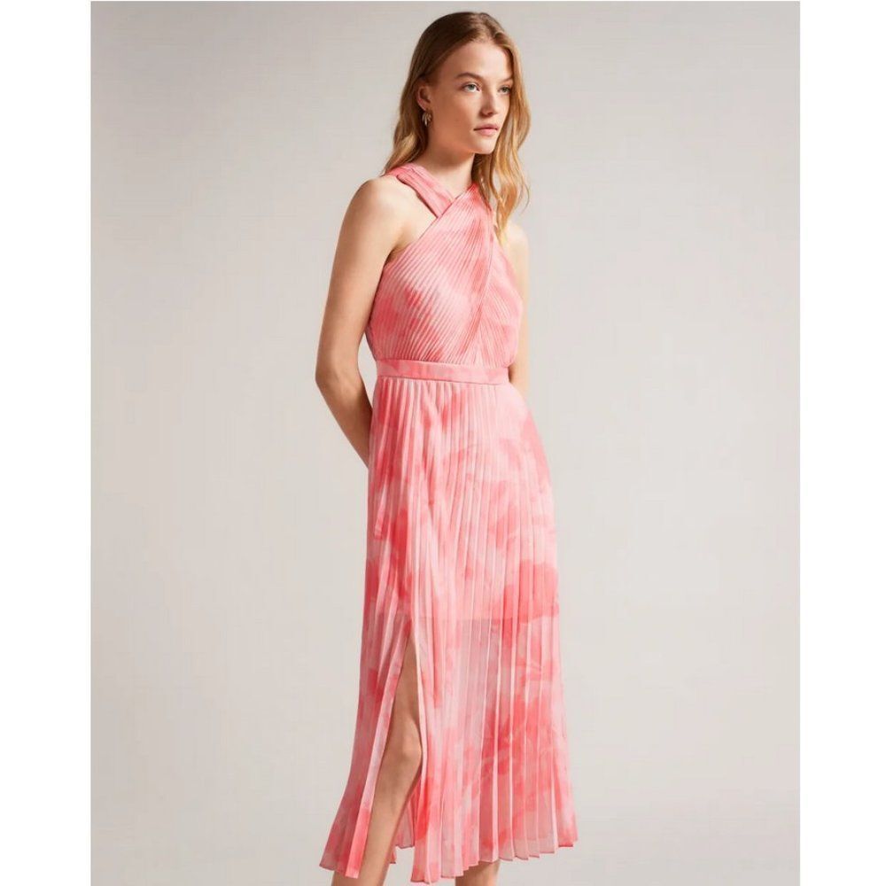 Ted Baker 'Mirelia' Cross Front Pleated Midi Dress - Coral